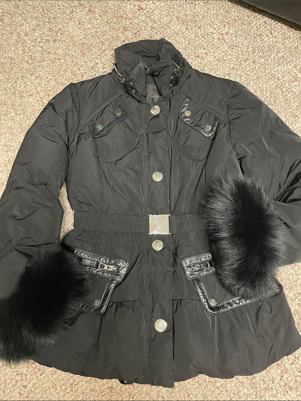 Rudsak down feather fill puffer with real fox fur cuffs, clip belt and leather